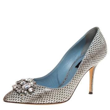Pre Owned Dolce & Gabbana Grey Python Leather Crystal Embellished Pointed Toe Pumps Size 38