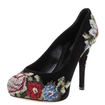 Pre Owned Dolce & Gabbana Black Suede Floral Embroidered Pumps Size 38