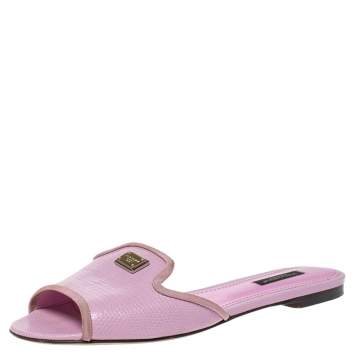 Pre Owned Dolce & Gabbana Pink Lizard Embossed Leather Sofia Slides Size 38.5