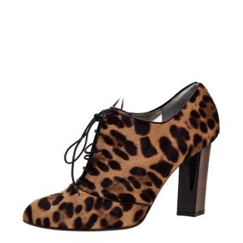 Pre Owned Dolce & Gabbana Brown/Beige Pony Hair Lace Up Block Heel Booties Size 40