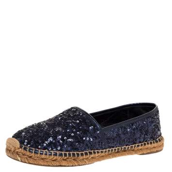 Pre Owned Dolce & Gabbana Metallic Blue Sequins and Leather Trim Espadrille Flats Size 41