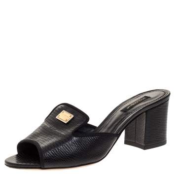 Pre Owned Dolce & Gabbana Black Lizard Embossed Leather Block Heel Mules Size 38