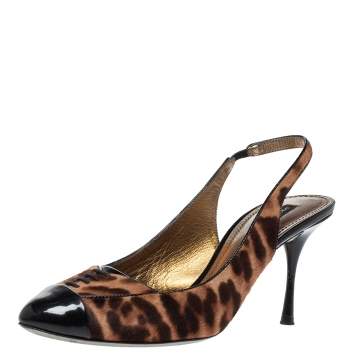 Pre Owned Dolce & Gabbana Black/Brown Leopard Print Pony Hair And Patent Cap Toe Slingback Sandals Size 40