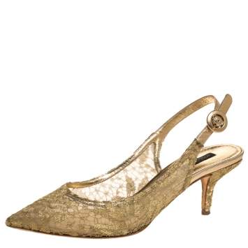 Pre Owned Dolce & Gabbana Gold Chantilly And Leather Slingback Sandals Size 39