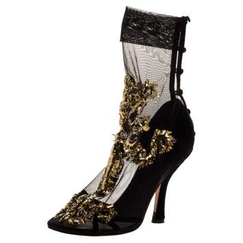 Pre Owned Dolce & Gabbana Black Mesh Embroidered Ankle Booties Size 37