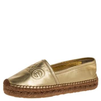 Pre Owned Dolce & Gabbana Metallic Gold Leather Logo Embossed Slip On Espadrille Size 39