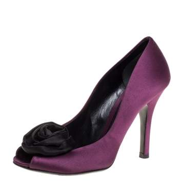 Pre Owned Dolce & Gabbana Purple Satin Rose Peep Toe Pumps Size 38.5