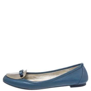 Pre Owned Dolce and Gabbana Blue Leather Gold Plaque Bow Detail Ballet Flats Size 39