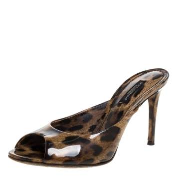 Pre Owned Dolce & Gabbana Brown Leopard Patent Leather Slide Sandals Size 36.5