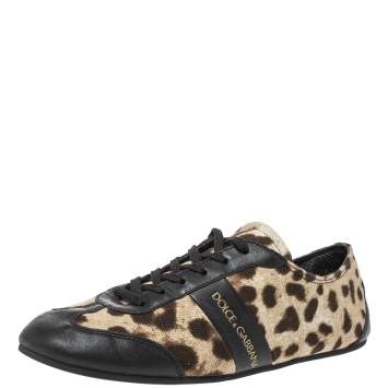 Pre Owned Dolce & Gabbana Brown/Black Leopard  Print Canvas And Leather Canvas Low Top Sneakers Size 36