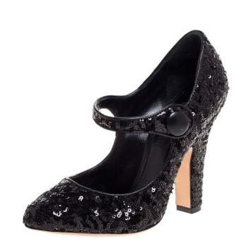 Pre Owned Dolce and Gabbana Black Sequin Mary Jane Pumps Size 36