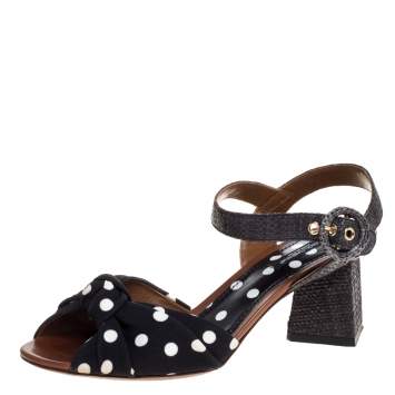 Pre Owned Dolce & Gabbana Black Raffia And Polka Dot Knotted Fabric Ankle Strap Sandals Size 37.5