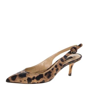 Pre Owned Dolce & Gabbana Brown/Black Leopard Print Textured Leather Slingback Sandals Size 40