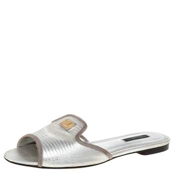 Pre Owned Dolce & Gabbana Silver Lizard Embossed Leather Flat Slides Size 37