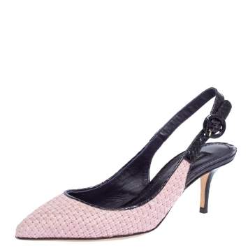 Pre Owned Dolce & Gabbana Pink/Purple Woven Raffia And Snake Print Leather Pointed Toe Slingback Sandals Size 38