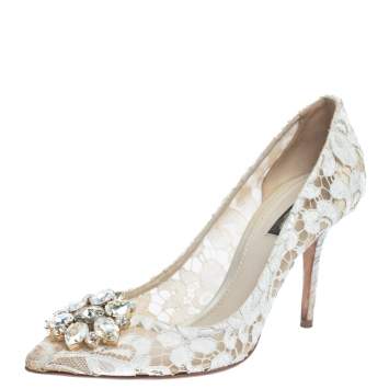 Pre Owned Dolce & Gabbana White Lace Bellucci Crystal Embellished Pumps Size 40