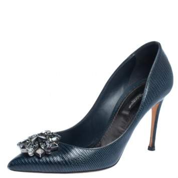 Pre Owned Dolce & Gabbana Navy Blue Lizard Embossed Leather Bellucci Crystal Embellished Pumps Size 39