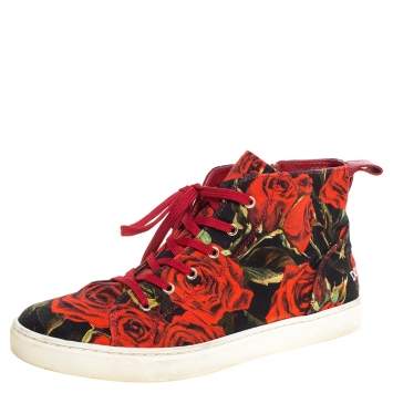 Pre Owned Dolce & Gabbana Red/Black Rose Print Canvas High Top Sneakers Size 36.5