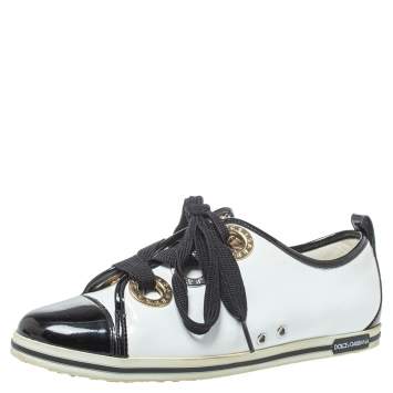 Pre Owned Dolce & Gabbana Black/White Patent Leather Fat Lace Low Top Sneakers Size 39