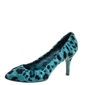 Pre Owned Dolce & Gabbana Teal/Black Leopard Print Satin Ruched Detail Pumps Size 39