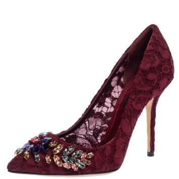 Pre Owned Dolce & Gabbana Burgundy Lace Jewel Embellished Pumps Size 37.5