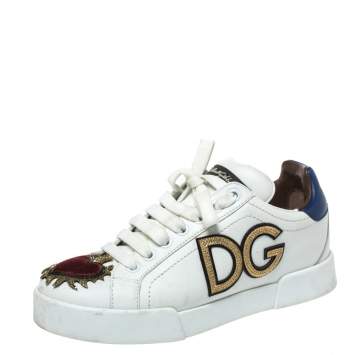 Pre Owned Dolce & Gabbana White Leather Sacred Heart Portofino Lace Up Sneakers Size 35.5