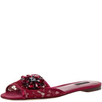 Pre Owned Dolce & Gabbana Red Lace Crystal Embellished Flat Slides Size 39