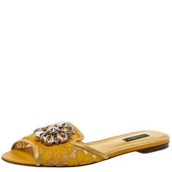 Pre Owned Dolce & Gabbana Yellow Lace Jeweled Embellishment Flat Slides Size 38