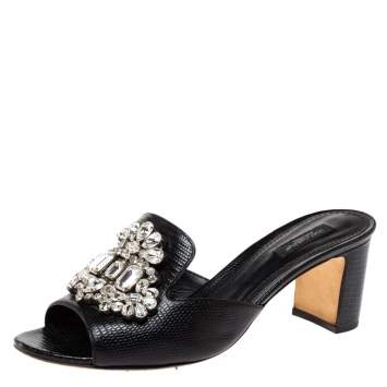 Pre Owned Dolce & Gabbana Black Lizard Embossed Leather Crystal Embellished Slide Sandals Size 40