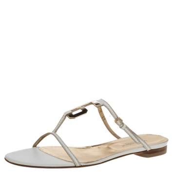 Pre Owned Dolce & Gabbana White Leather DG Logo T-Strap Flats Size 41