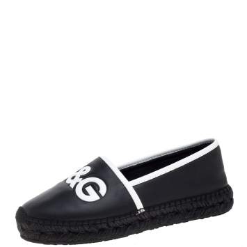 Pre Owned Dolce & Gabbana Black/White Leather Logo Embossed Slip On Espadrille Size 40