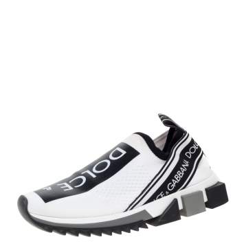 Pre Owned Dolce & Gabbana White/Black Stretch Fabric Logo Sorrento Slip On Sneakers Size 38.5
