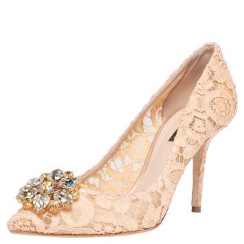Pre Owned Dolce and Gabbana Beige Lace Bellucci Crystal Embellished Pointed Toe Pumps Size 39