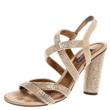 Pre Owned Dolce & Gabbana Beige Suede Crystal Embellished Slingback Sandals Size 38