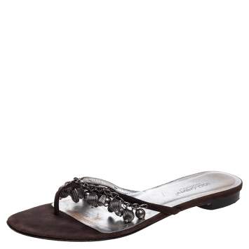 مملوكة مسبقًا Dolce & Gabbana Brown Nubuck Embellished Flat Thong Sandals Size 41