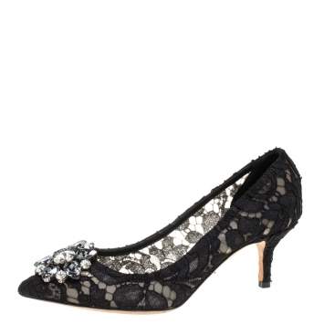 Pre Owned Dolce & Gabbana Black Lace Crystal Embellished Pointed Toe Pumps Size 36.5