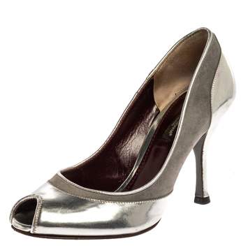 Pre Owned Dolce & Gabbana Silver Leather Peep Toe Pumps Size 35