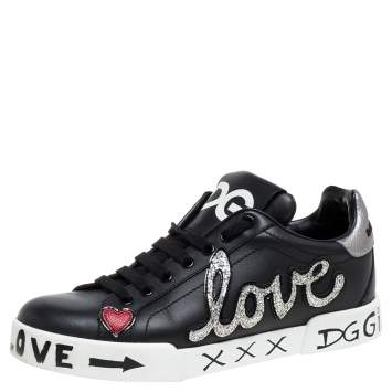 Pre Owned Dolce & Gabbana Black Leather Portofino Love Patch Low Top Sneakers Size 38