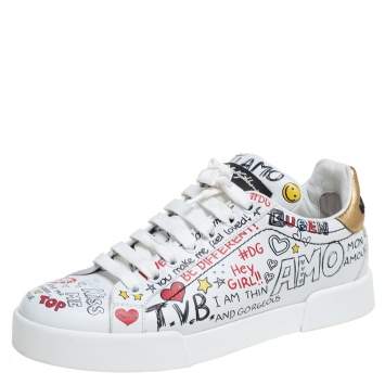 Pre Owned Dolce & Gabbana White Leather Portofino Graffiti Print Low Top Sneakers Size 37.5
