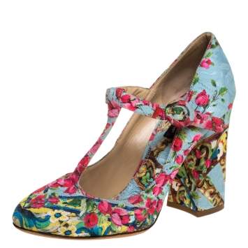 Pre Owned Dolce & Gabbana Blue Brocade Fabric Floral T-strap Pumps Size 38.5