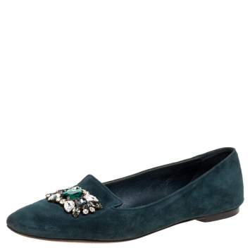 Pre Owned Dolce & Gabbana Green Suede Embellished Slip On Flats Size 39