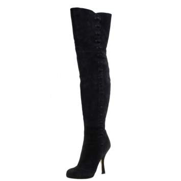 Pre Owned Dolce & Gabbana Black Suede Button Embellished Over the Knee Boots Size 40