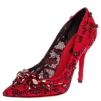 Pre Owned Dolce and Gabbana Red Lace Crystal Embellished Pointed Toe Pumps Size 38
