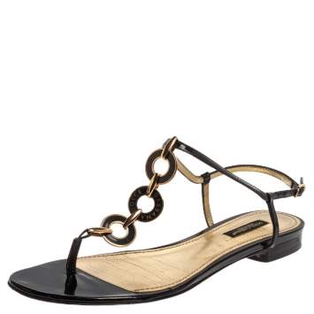 Pre Owned Dolce & Gabbana Black Patent Leather Chain T Strap Flat Sandals Size 38