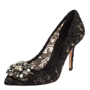 Pre Owned Dolce & Gabbana Black Floral Lace Bellucci Crystal Embellished Pumps Size 36