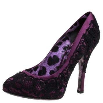Pre Owned Dolce & Gabbana Black Floral Lace And Burgundy Satin Platform Pumps Size 35