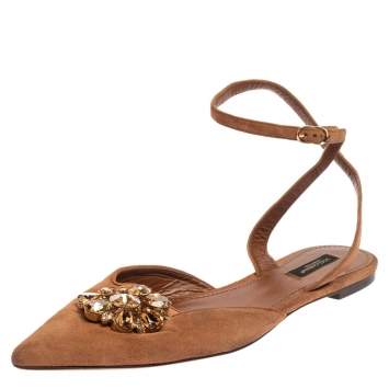 Pre Owned Dolce & Gabbana Brown Suede Leather Bellucci Crystal Embellished Ankle Strap Flat Sandals Size 41