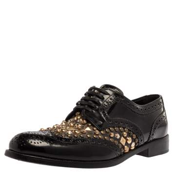Pre Owned Dolce & Gabbana Black Brogue Leather Studded Embellished Lace Oxfords Size 39
