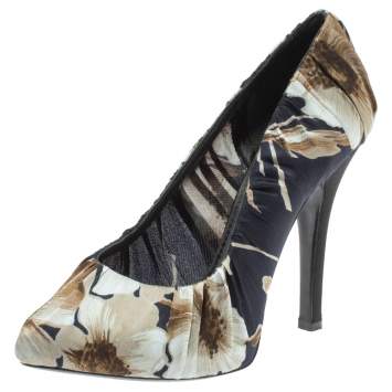 Pre Owned Dolce & Gabbana Floral Print Pleated Satin Platform Pumps Size 37.5