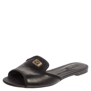 Pre Owned Dolce and Gabbana Black Lizard Embossed Leather Sofia Slides Size 39